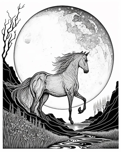 Vector a black and white drawing of a horse with the moon in the background.