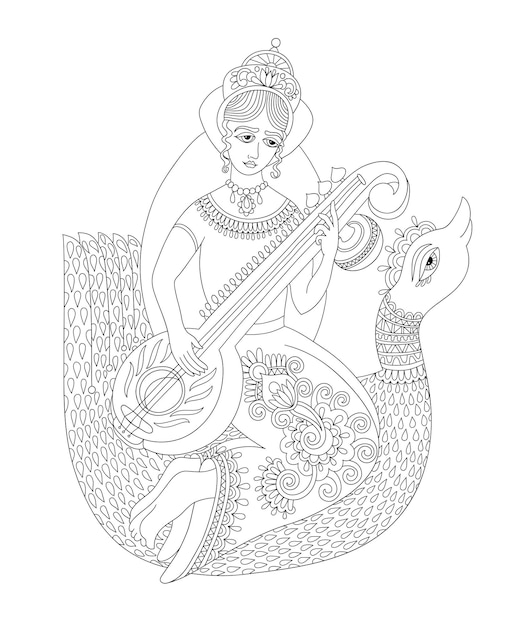 Vector black and white drawing of indian hindu goddess saraswati