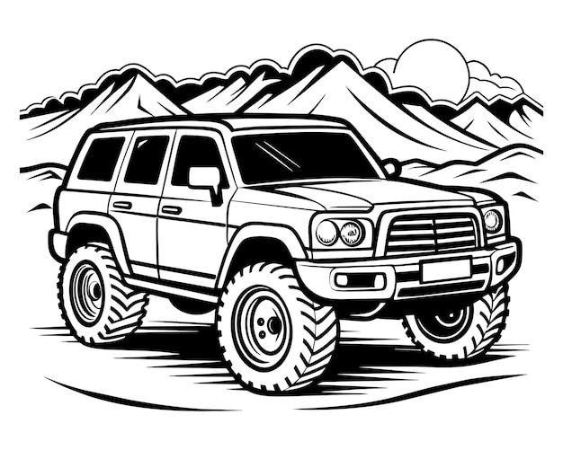 a black and white drawing of a jeep with mountains in the background