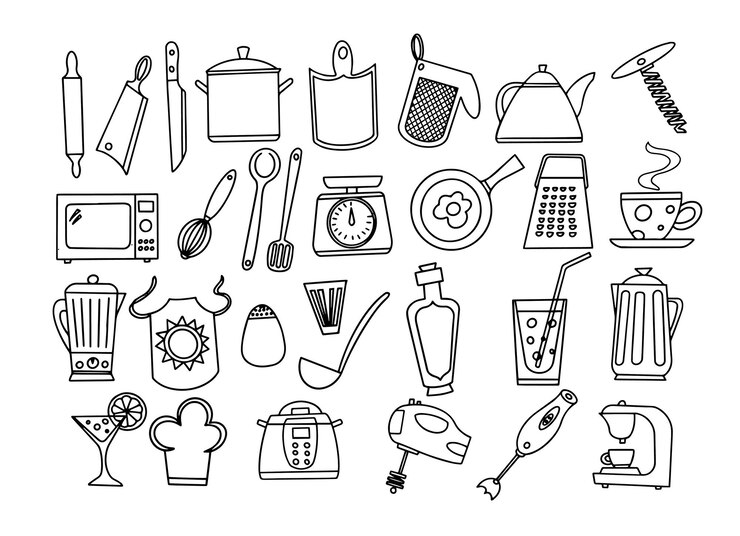キッチン具とキッチン具の黒と白の絵