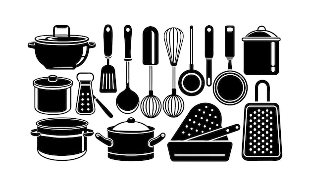 黒と白のキッチン用品とキッチン用具の絵