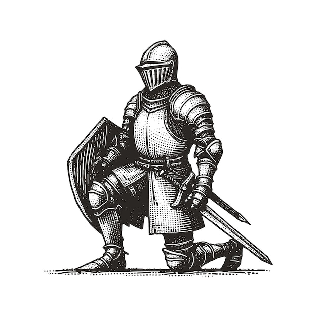 a black and white drawing of a knight with a sword