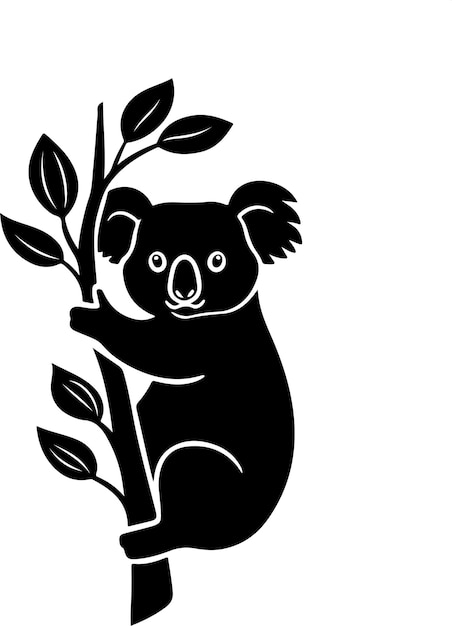 Vector a black and white drawing of a koala bear holding a branch of a plant