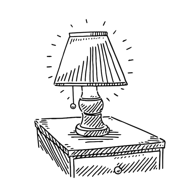 a black and white drawing of a lamp on a table with a light shining on it