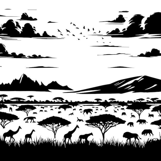 Vettore un disegno in bianco e nero di un paesaggio con una giraffa e alberi