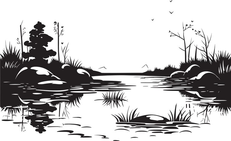 Vector a black and white drawing of a man in a hat and a river with a reflection in it