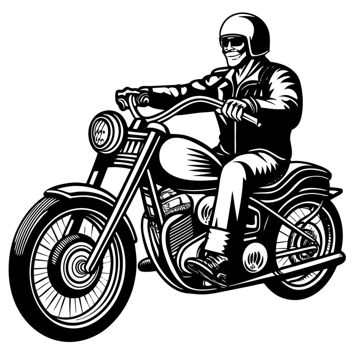 Vector a black and white drawing of a man on a motorcycle
