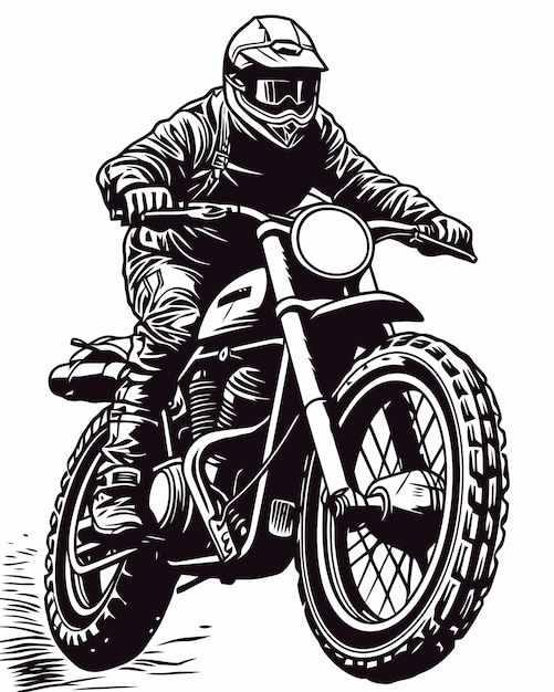 A black and white drawing of a man riding a motorcycle.