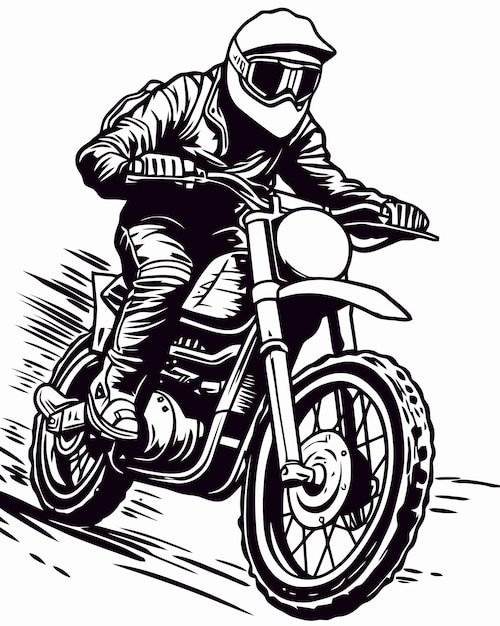 A black and white drawing of a man riding a motorcycle.