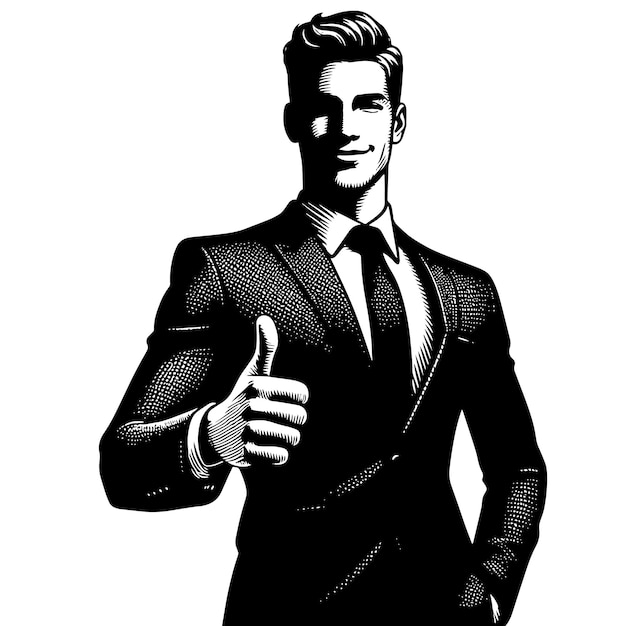 a black and white drawing of a man in a suit and tie