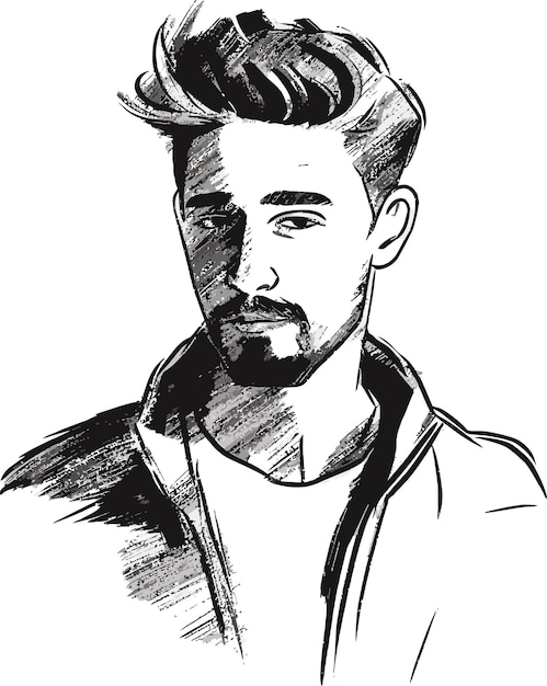 a black and white drawing of a man with a beard