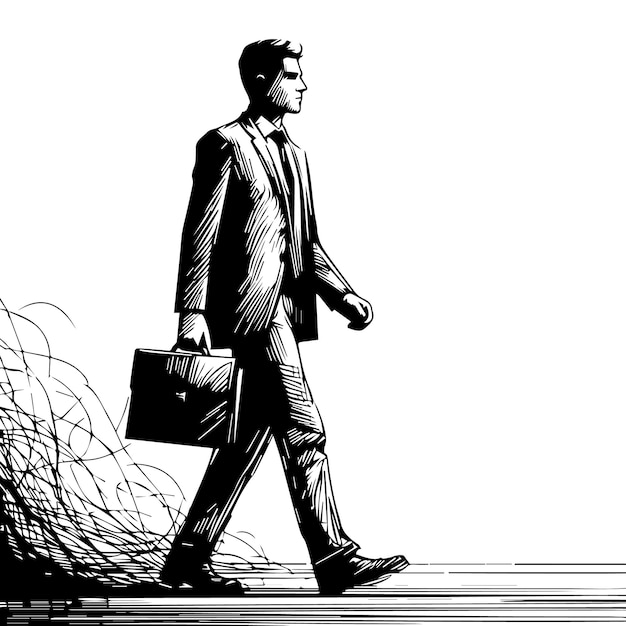 a black and white drawing of a man with a briefcase