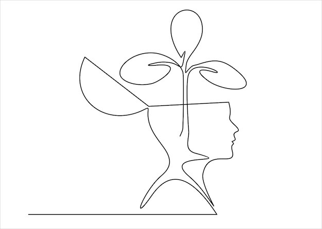 A black and white drawing of a man with a flower in his head.