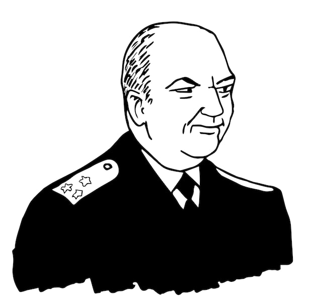 A black and white drawing of a man with a military uniform on it.