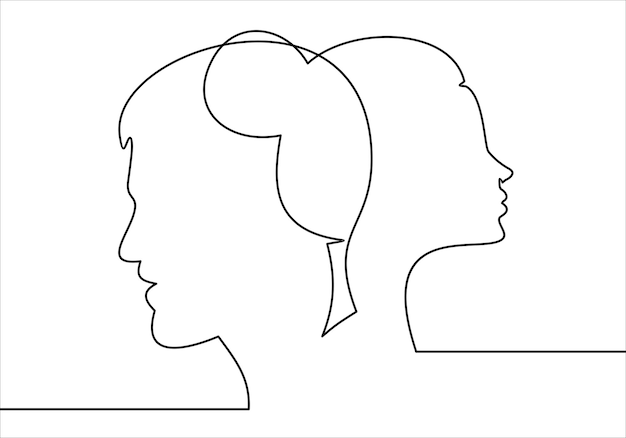 A black and white drawing of a man and woman.