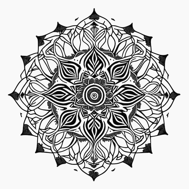 Black and white drawing of a mandala with the word mandala on it.