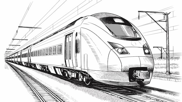 Black and white drawing of a modern train