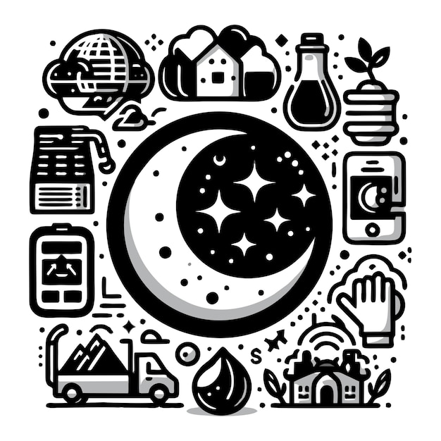 a black and white drawing of a moon and other objects