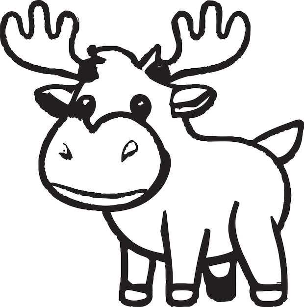 Black and white drawing of a moose with a white background.