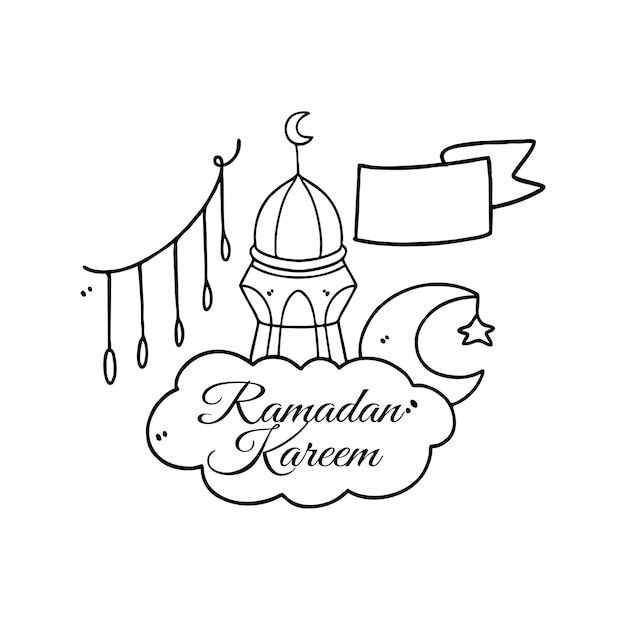 一幅黑白繪製的清真寺,上面有旗和雲,上面寫著Ramadan kareem.