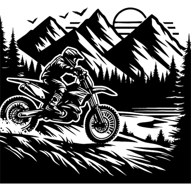 a black and white drawing of a motorcycle with a mountain in the background