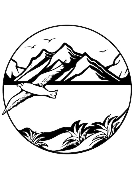 A black and white drawing of a mountain landscape with a bird flying over the water.