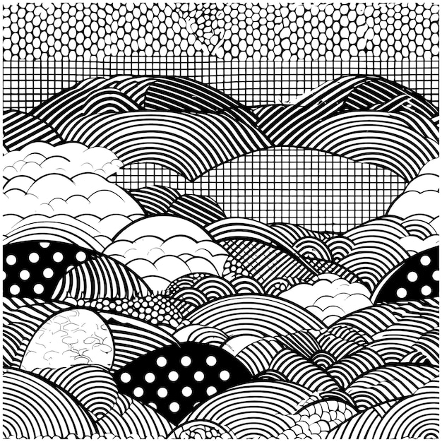 A black and white drawing of a mountain landscape with clouds and dots.