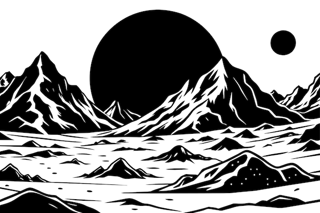 Vector a black and white drawing of a mountain with the sun behind it