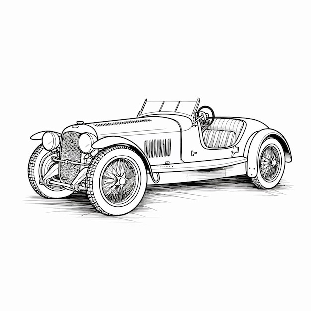 Vector black and white drawing of an old racing sports car