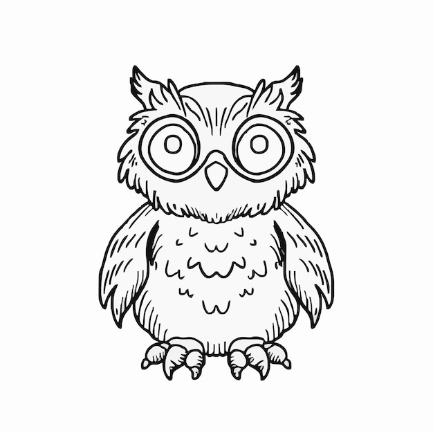 a black and white drawing of an owl with big eyes