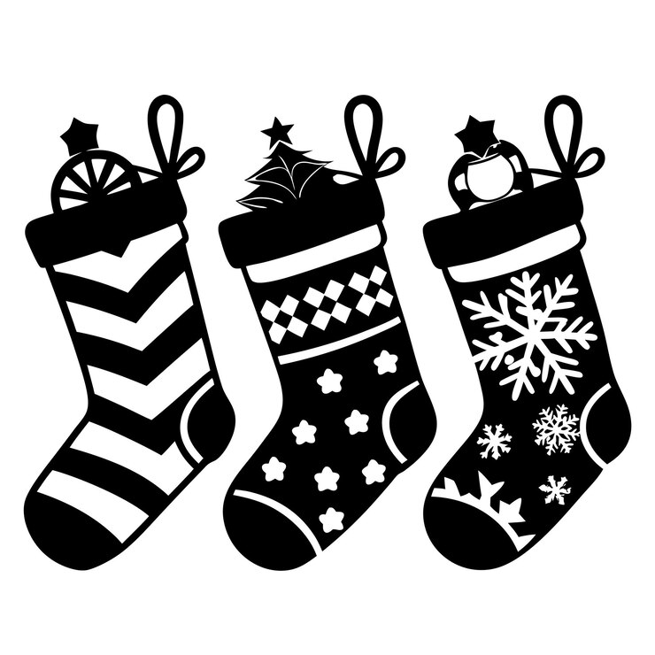 Vector a black and white drawing of a pair of socks with a christmas decoration on the bottom