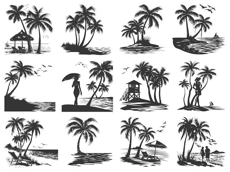 Vector a black and white drawing of a palm tree and a man with an umbrella