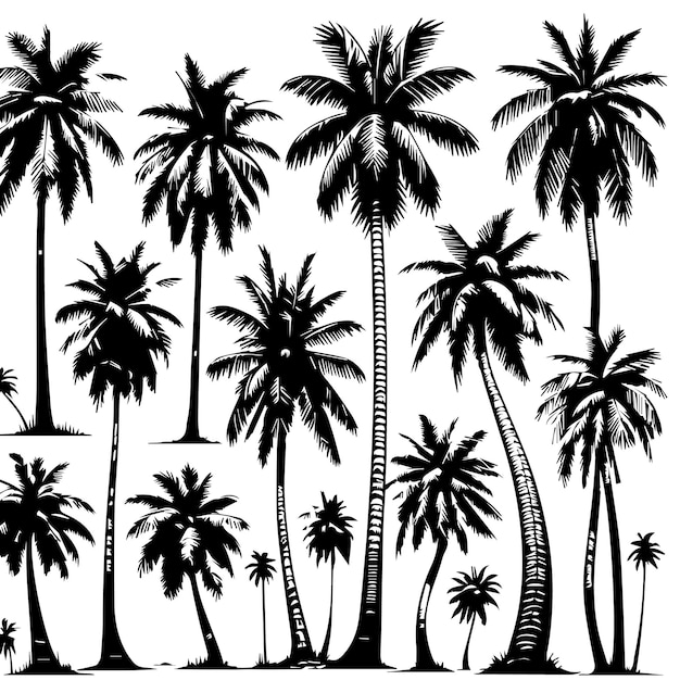 Vector a black and white drawing of palm trees with a white background with a black and white drawing of palm trees