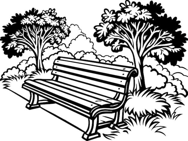 Vector a black and white drawing of a park bench with trees and a white background