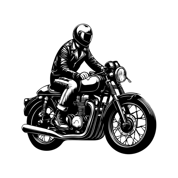 Vector a black and white drawing of a person on a motorcycle
