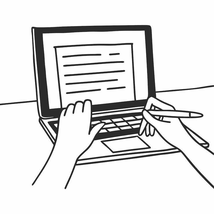 Vector a black and white drawing of a person typing on a laptop