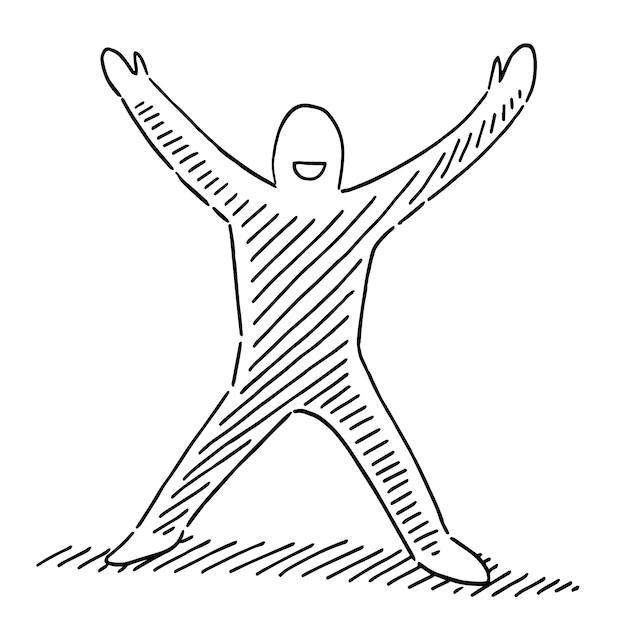 a black and white drawing of a person with arms raised in the air