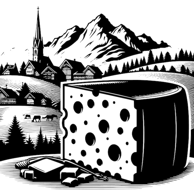 A black and white drawing of a piece of cheese with a church in the background