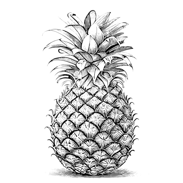 A black and white drawing of a pineapple with a flower on it.