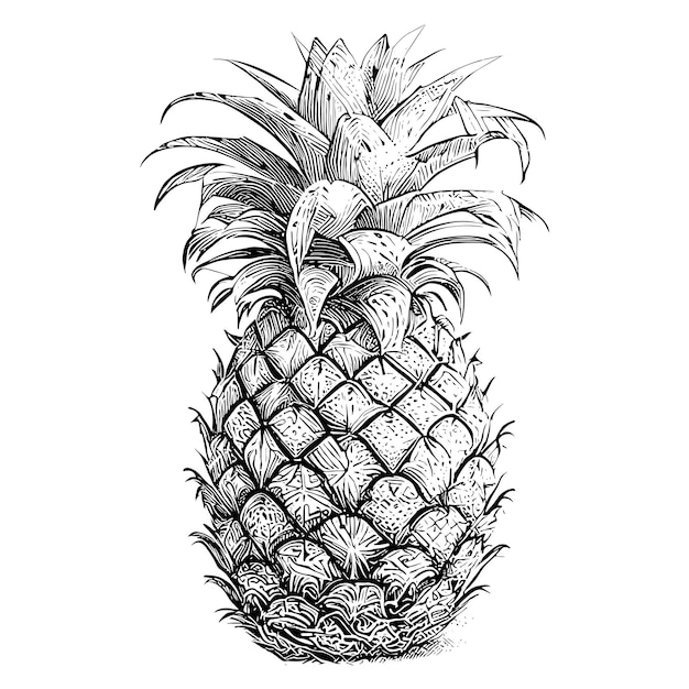 Un disegno in bianco e nero di un ananas con la parte superiore.