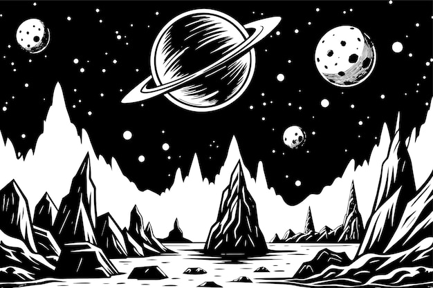 Vector a black and white drawing of a planet with mountains and trees