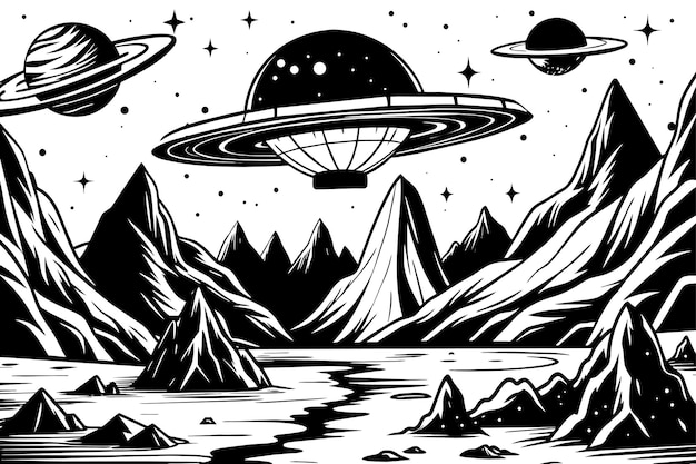 Vector a black and white drawing of a planet with a planet in the background