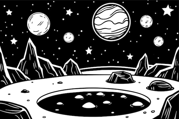 Vector a black and white drawing of a planet with planets and stars