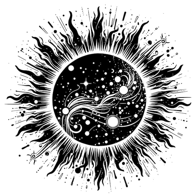 Vector a black and white drawing of a planet with a star and the words  the word