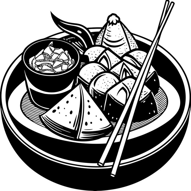 a black and white drawing of a plate of food with chopsticks and a bowl of sushi
