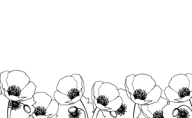 A black and white drawing of poppies garden