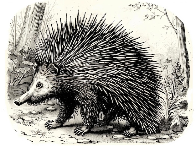 A black and white drawing of a porcupine