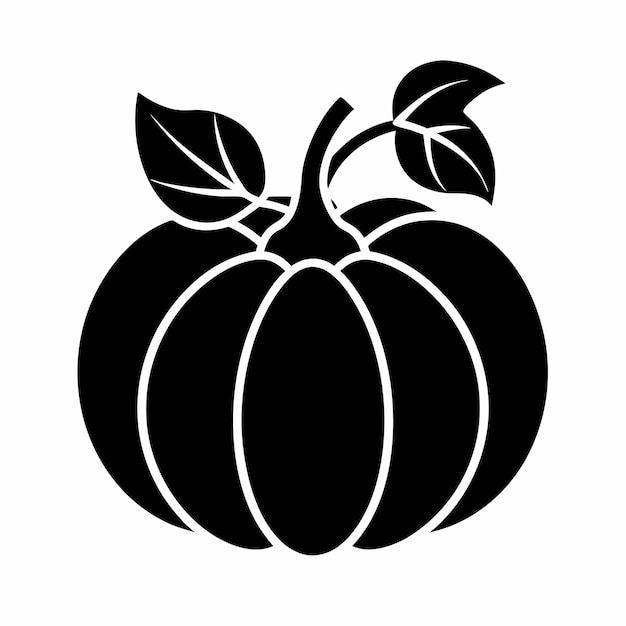 a black and white drawing of a pumpkin with a leaf on it