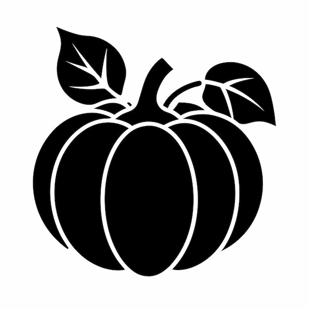 a black and white drawing of a pumpkin with a leaf on it
