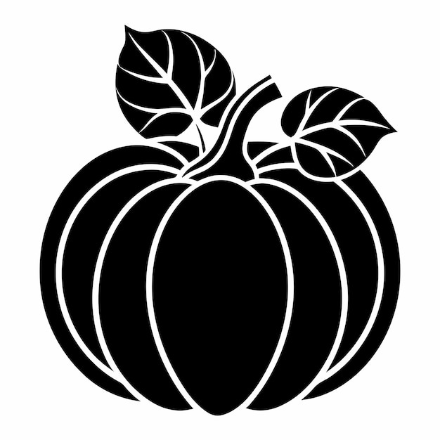 a black and white drawing of a pumpkin with a leaf on it